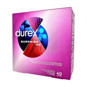 Durex Surprise Me 40 vnt. prezervatyvai 4 Durex Surprise Me 40 vnt. prezervatyvų dėžutė