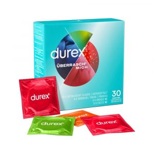 Durex Überrasch’ Mich 30 vnt. prezervatyvai Durex Uberash Mich 30 vnt. prezervatyvų dėžutė