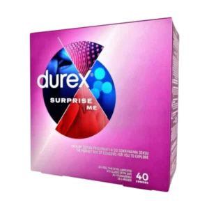Durex Surprise Me 40 vnt. prezervatyvai 4 Durex Surprise Me 40 vnt. prezervatyvų dėžutė