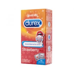 Durex Strawberry 12 vnt. durex prezervatyvai Durex Strawberry 12 vnt. prezervatyvų dėžutė