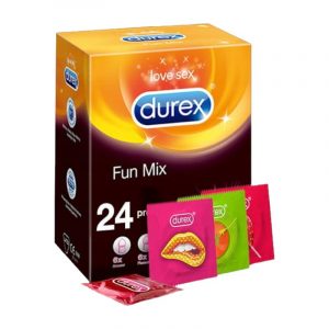 Durex Fun Mix 24 vnt prezervatyvai Durex Fun Mix 24 vnt. prezervatyvų dėžutė