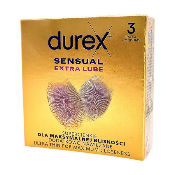 Durex Sensual Extra Lube 3 vnt. durex prezervatyvai 2 Durex Sensual Extra Lube 3 vnt. prezervatyvų dėžutė