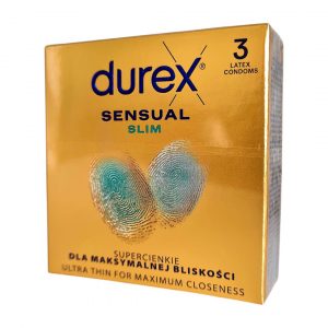Durex Sensual Slim Fit 3 vnt. prezervatyvai 2 Durex Sensual Slim 3 vnt. prezervatyvų dėžutė