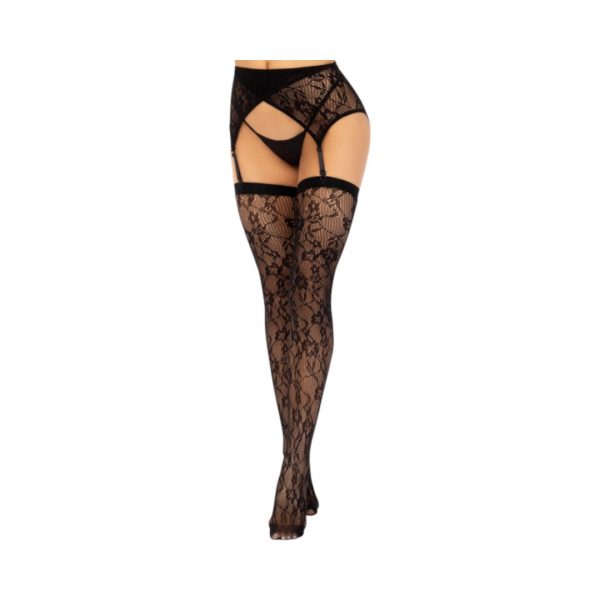 LEG AVENUE Lace Thigh Highs & Garterbelt Black apatinis trikotažas 1 LEG AVENUE Lace Thigh Highs & Garterbelt Black kojinės