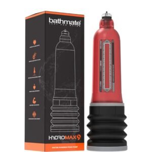 Bathmate HydroMax 9 Red penio, vaginos pompa 1 Bathmate HydroMax 9 Red – vandens hidropompa, cilindras su skale iš arti Bathmate HydroMax 9 Red penio, vaginos pompa 1 Bathmate HydroMax 9 Red – vandens hidropompa, cilindras su skale iš arti