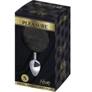 ALIVE – ANAL PLEASURE PLUG SMOOTH METAL FLUFFY BLACK SIZE S 1 ALIVE Fluffy Metal Plug S - mažas metalinis analinis kaištis su juodu pūkuotu uodegėliu, studijinis vaizdas