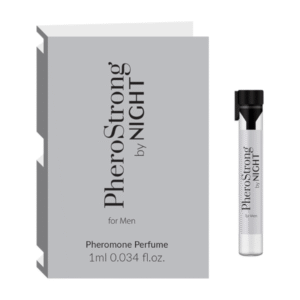Feromonai – „Pherostrong by Night“ vyrams, testeris, 1 ml Pherostrong by Night 1 ml – feromonų testeris vyrams, mini buteliukas iš arti