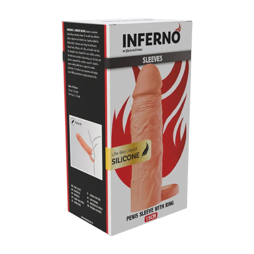 Hidden Desire Inferno Penis Sleeve Liquid Silicone Ring 15 cm 1 Hidden Desire Inferno Penis Sleeve 15 cm – realistiška penio mova su „liquid silicone“ žiedu, vaizdas iš arti
