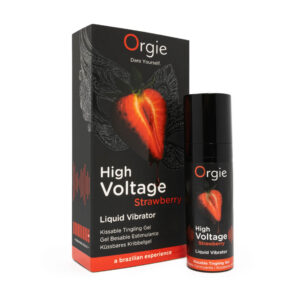 Orgie High Voltage Strawberry 15 ml. Orgie High Voltage Strawberry 15 ml – klitorio stimuliuojantis gelis su braškių aromatu, buteliukas iš arti