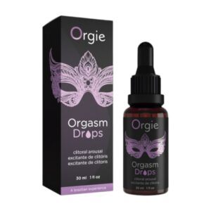 Orgie Orgasm Drops Clitoral Arousal 30 ml. Orgie Orgasm Drops 30 ml – klitorio stimuliuojantys lašiukai su pipete, buteliukas iš arti