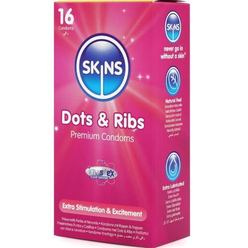 SKINS – DOTS & RIBS PREMIUM CONDOMS 16 Vnt. Skins Dots & Ribs Premium Condoms 16 vnt. – stimuliuojančių prezervatyvų dėžutė su taškeliais ir rumbeliais SKINS – DOTS & RIBS PREMIUM CONDOMS 16 Vnt. Skins Dots & Ribs Premium Condoms 16 vnt. – stimuliuojančių prezervatyvų dėžutė su taškeliais ir rumbeliais
