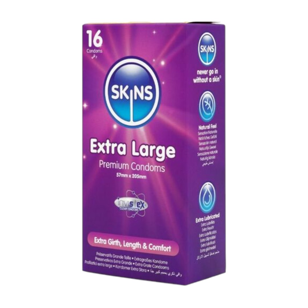 SKINS – EXTRA LARGE PREMIUM CONDOMS 16 Vnt. Skins Extra Large Premium Condoms 16 vnt. – XL prezervatyvų dėžutė didesnio dydžio sargiams SKINS – EXTRA LARGE PREMIUM CONDOMS 16 Vnt. Skins Extra Large Premium Condoms 16 vnt. – XL prezervatyvų dėžutė didesnio dydžio sargiams