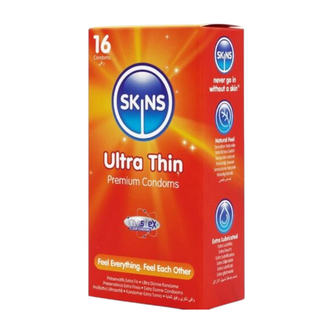 SKINS – ULTRA THIN PREMIUM CONDOMS 16 Vnt. Skins Ultra Thin Premium Condoms 16 vnt - itin plonų prezervatyvų dėžutė iš arti SKINS – ULTRA THIN PREMIUM CONDOMS 16 Vnt. Skins Ultra Thin Premium Condoms 16 vnt - itin plonų prezervatyvų dėžutė iš arti