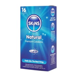 Skins Condoms Natural 16 Vnt. Skins Condoms Natural 16 vnt. – natūralių prezervatyvų dėžutė, priekyje matomas prekių ženklas